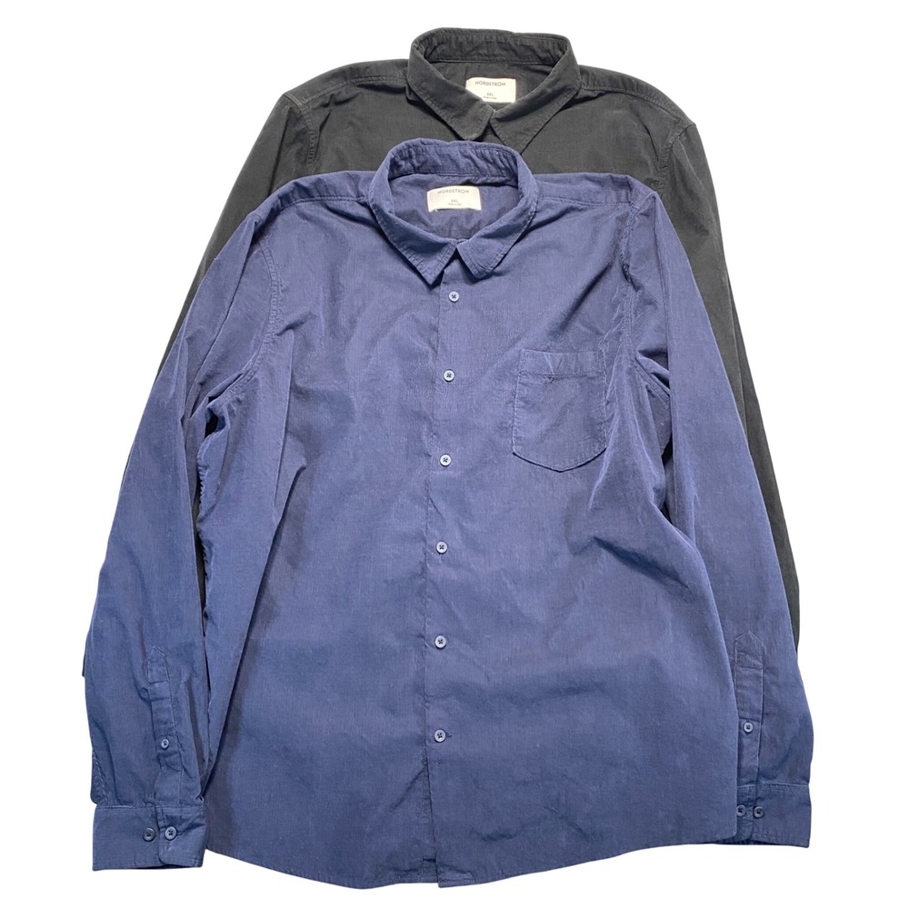 Lot of 2 Nordstrom Mens 2XL Corduroy Button Down Shirts Navy Blue and Black
